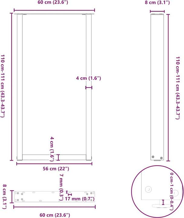Image du produit vidaXL Pieds de table basse en U 2 pcs. Anthracite 60x(110-111) cm Pied de table en acier