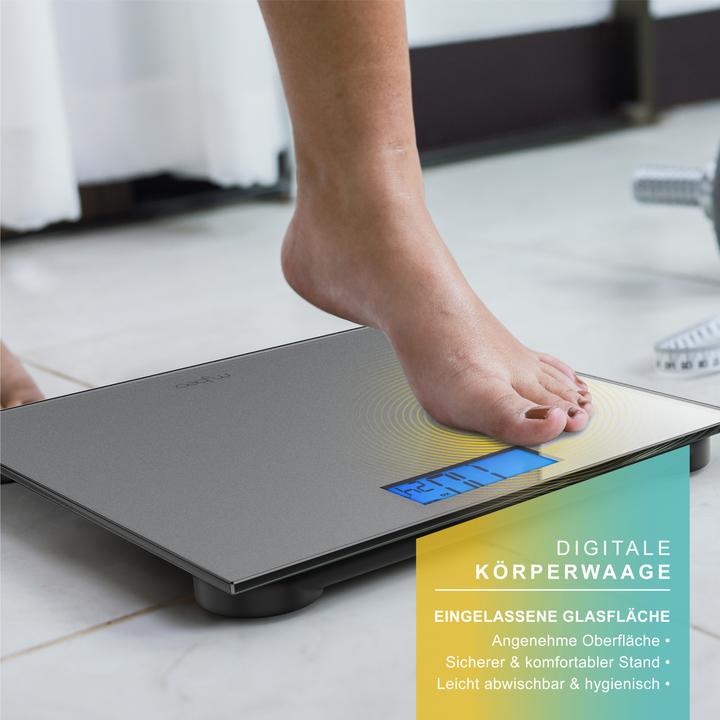 Actual product image Mybeo Digitale Waage für Personen, grosse Trittfläche aus 6mm Sicherheitsglas, Personenwaage, Digitalwaage (180 kg)