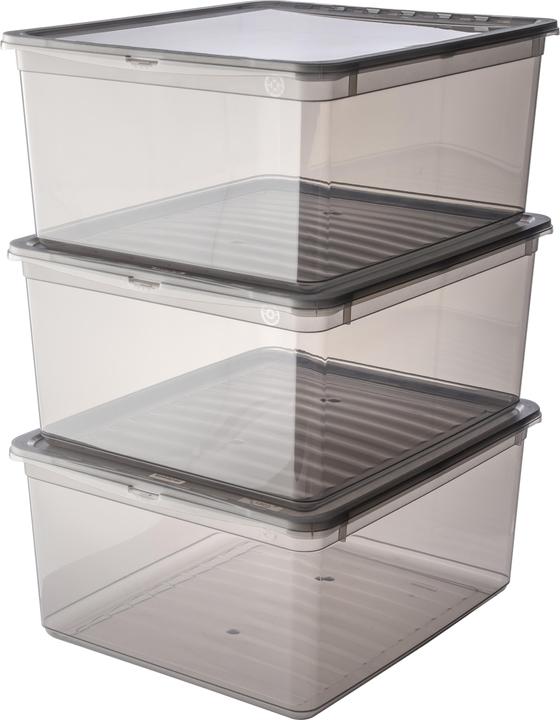 Actual product image keeeper Storage box set ""bea"", 3x 18 L, crystal-grey PP, lid with air control system for ventilation (39 x 33.5 x 18 cm, 18 l)