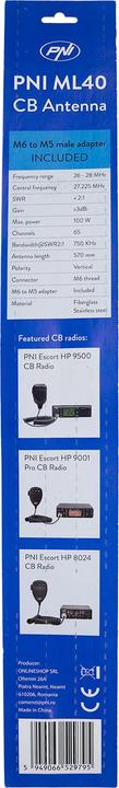 Immagine prodotto PNI Antenna CB ML40, lunghezza 57 cm, incluso adattatore per spina/spina filettata da M6 a M5