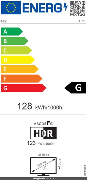 Energie-Label NEC MultiSync E758 190,5cm 75Zoll E Series large format display UHD 350cd/m2 Direct LED backlight 18 (3840 x 2160 Pixel, 74.50")