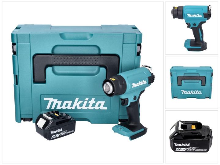 1x Makita DHG 180 batterie soufflerie d'air chaud, 1x Makita BL 1840 B 18 V 4,0 Ah batterie, 1x Makita Makpac mallette, 1x insert universel