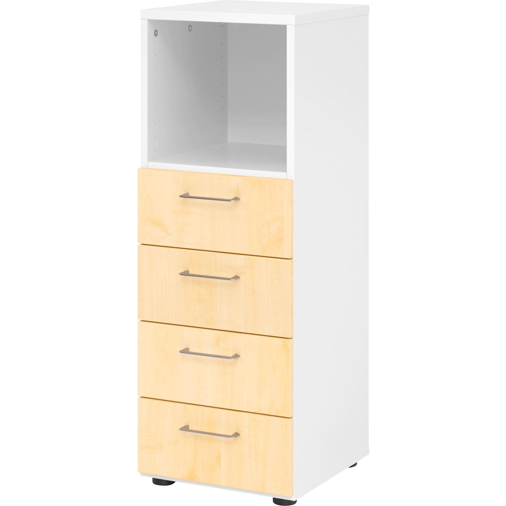 0, Aktenschrank, Regal 3OH, 4 Schübe, BS Weiss/Ahorn