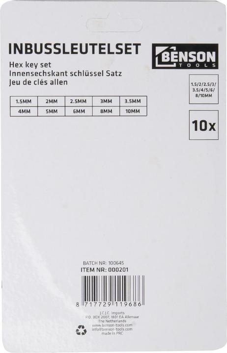 Actual product image Benson Hex key wrench set10 pcs ring
