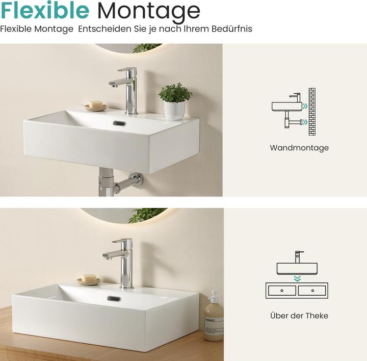 Produktbild Emke Aufsatzwaschbecken Keramik Waschbecken Eckiger Hängewaschbecken Waschtisch, Modernes Design für (360 mm, 600 mm)