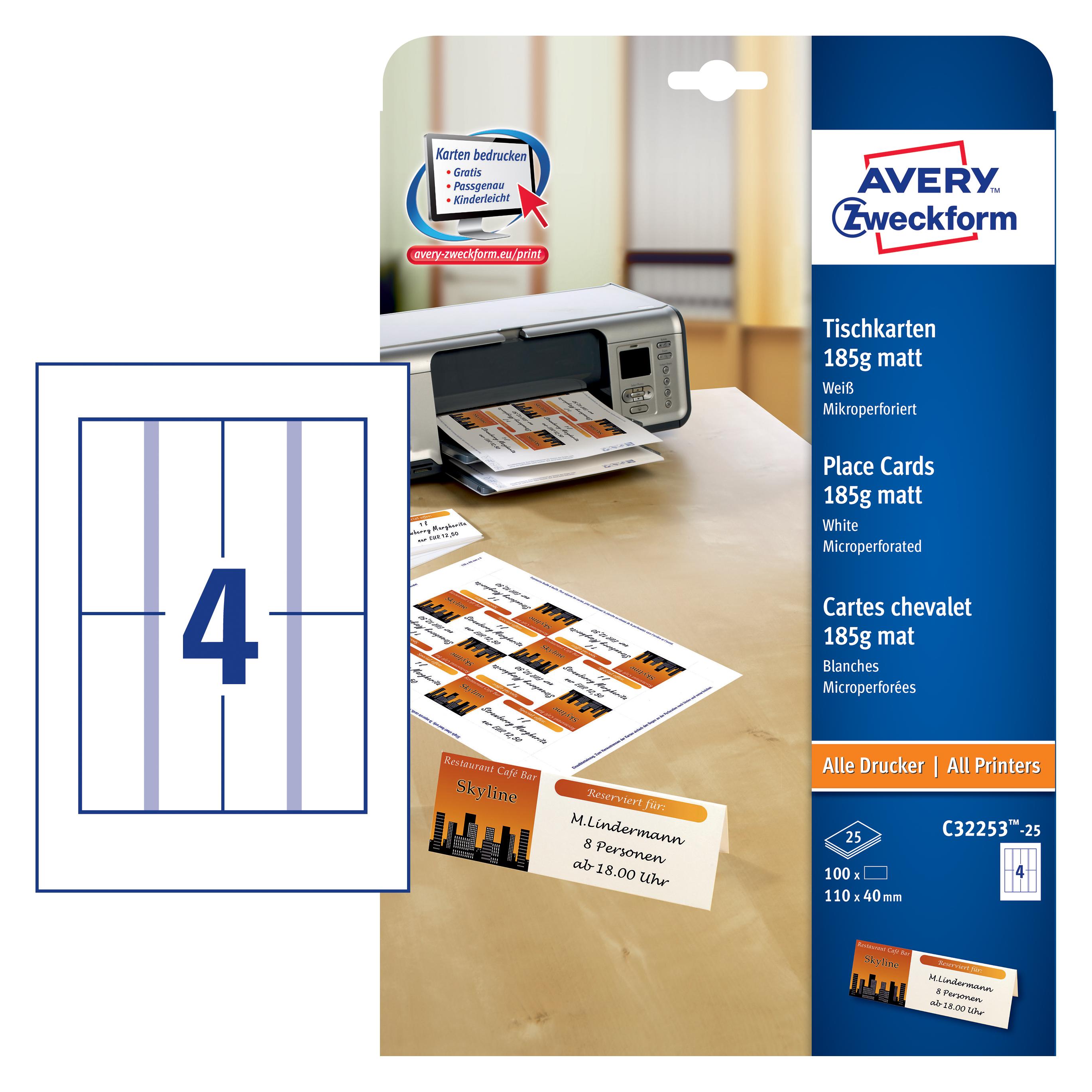 Avery Zweckform Tischkarten 110x40 Mm 185 G/qm Beschichtet Matt 100 St