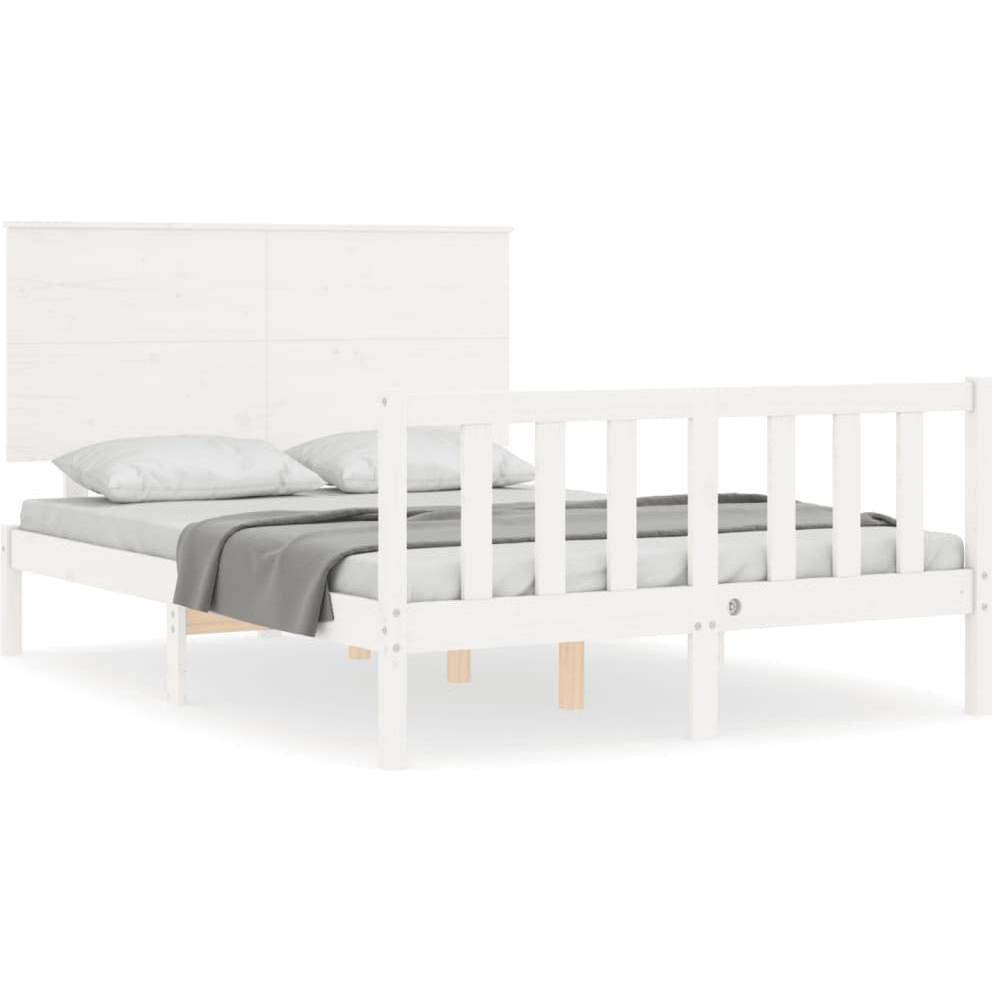 VidaXL, Bett, Massivholzbett mit Kopfteil Weiss 4FT6 Double (135 x 190 cm)