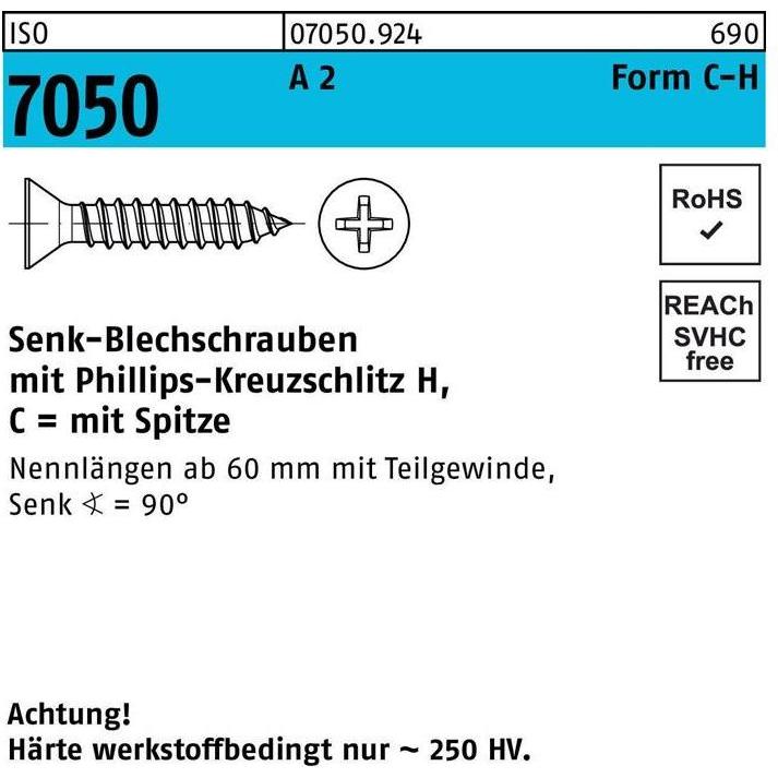 Schrauben, Blechschraube ISO 7050 SEKO m.Spitze/Kreuzschlitz-PH 3,5 x 60 -C-H A 2 (500 Schrauben pro Stück)