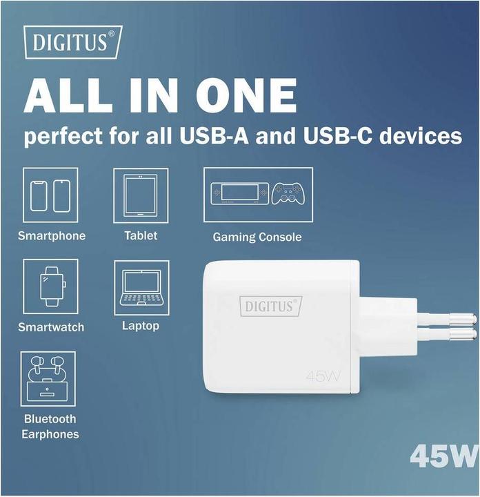 Productafbeelding Digitus USB GaN Charger 45W, 1x USB-C, 1x USB-A (45 W, 2 ports)