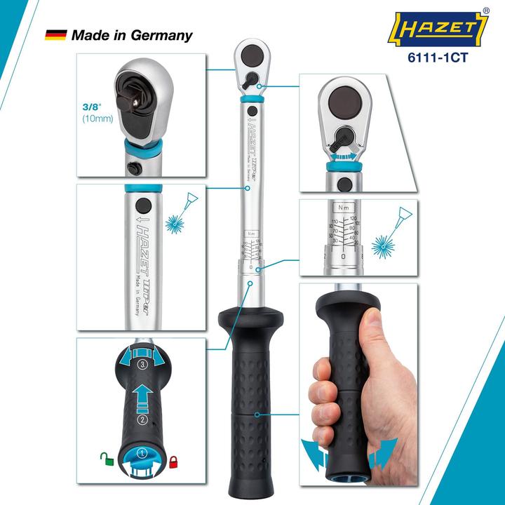 Actual product image HAZET Torque wrench 6111-1CT ∙ Nm min-max: 20 - 120 Nm ∙ Tolerance: 2% ∙ Square, solid 10 mm (3/8 i… (3/8", 20 Nm, 120 Nm)