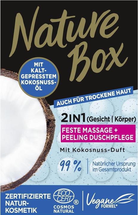 Nature Box Firm 2in1 Massaggio + Scrub sotto la doccia con fragranza di cocco 90 g