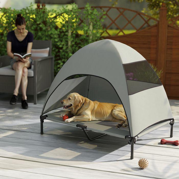 Produktbild Swisshandel24 Hundeliege Outdoor mit Dach, Erhöhtes Hundebett für Grosse Hunde, 106 x 76 x 99 cm, Hellgrau (Hund)
