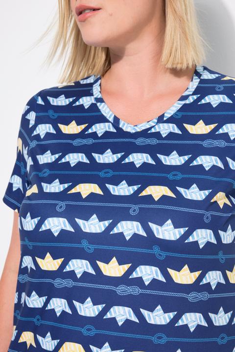 Image du produit Ulla Popken T-shirt technique avec motif petits bateaux, col en V et manches courtes, collection Classic (50, 52)