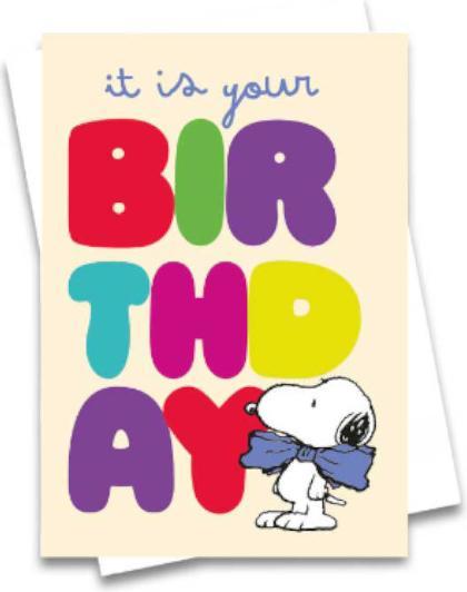 gelbliche Doppelkarte mit farbigem Text, Snoopy mit einer blauen Maschinklusiv