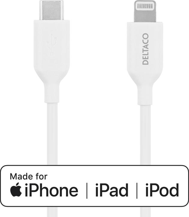 Actual product image Deltaco Lightning cable USB-C - Lightning, 2m, Apple C94 chipset FSC-labeled package, white (2 m, USB 2.0)