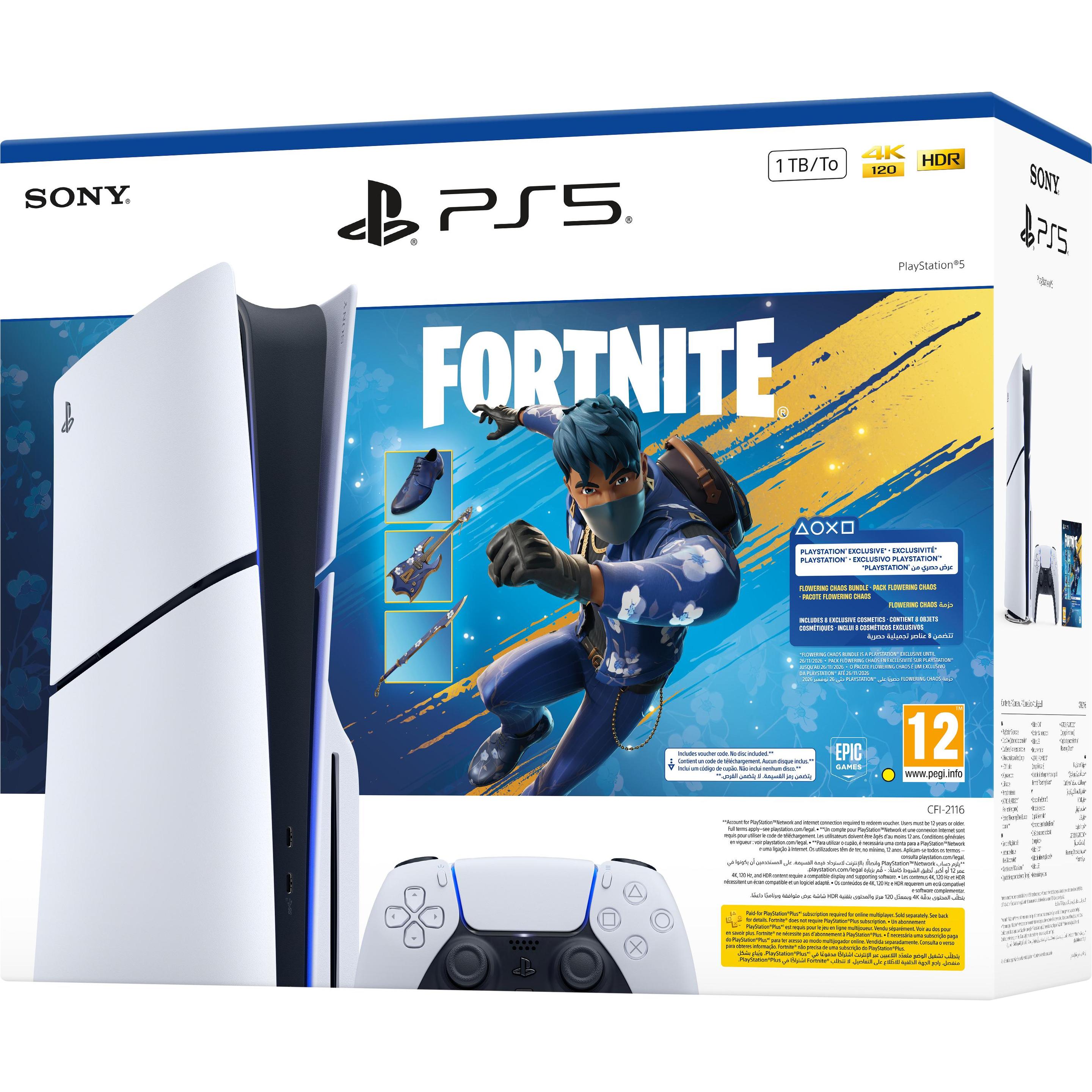 Sony PlayStation 5 Slim + Fortnite Rozkwitający Chaos, Spielkonsole, Schwarz, Weiss