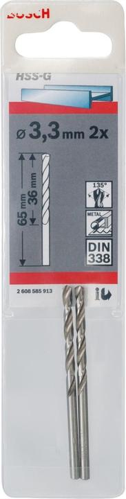 Produktbild Bosch Professional Zubehör Metallbohrer HSS-G, DIN 338, 3,3 x 36 x 65 mm, 2er-Pack (3.3 mm)