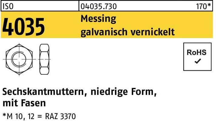 Produktbild Sechskantmutter ISO 4035 niedrig m.Fasen M 4 Messing galvanisch vernickelt (M4)