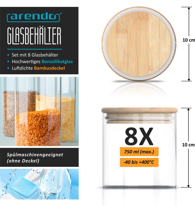 Actual product image Arendo 8x 0,75 L Vorratsgläser, Glasbehälter 8er Set, Borosilikatglas, Bambusdeckel, Vorratsdosen luftdicht (0.75 l)
