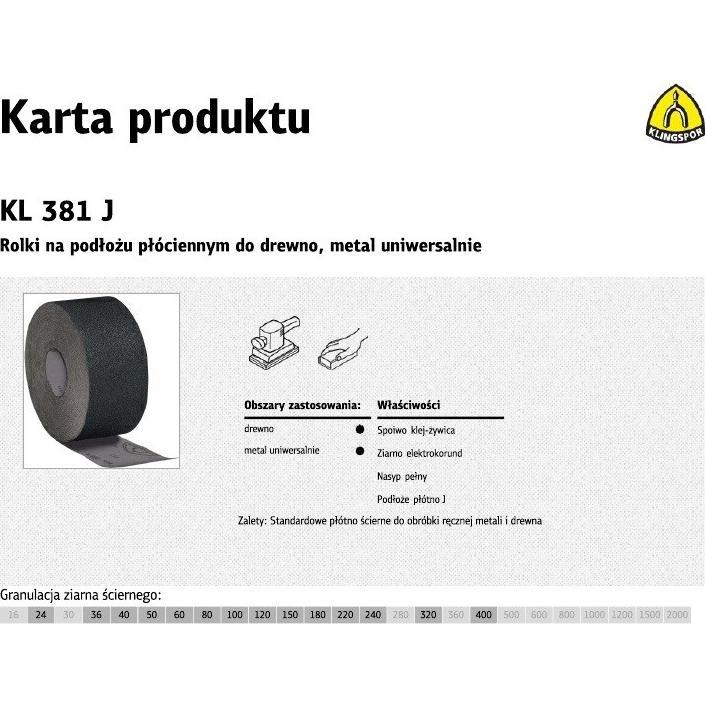 Klingspor, Schleifmittel, ROLKA NA PODŁOŻU PŁÓCIENNYM KL381J 200mm gr. 40 (30mb) (40)