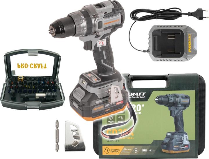 Produktbild Procraft Industrial CD20A Akku Schlagbohrschrauber 20 V 85 Nm + 1x Akku 4,0 Ah + Ladegerät + 32