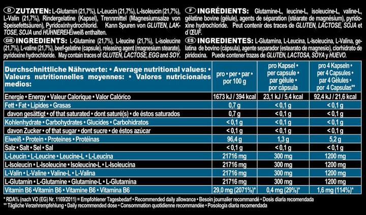 Valori nutrizionali e ingredienti IronMaxx BCAA e glutammina 1200 (1 Pezzo/i, Pillole, 357 g)
