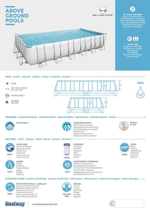 Immagine prodotto Bestway Power Steel Pool Komplett-Set 73 2 x 366 x 132 cm (732 x 366 x 132 cm)