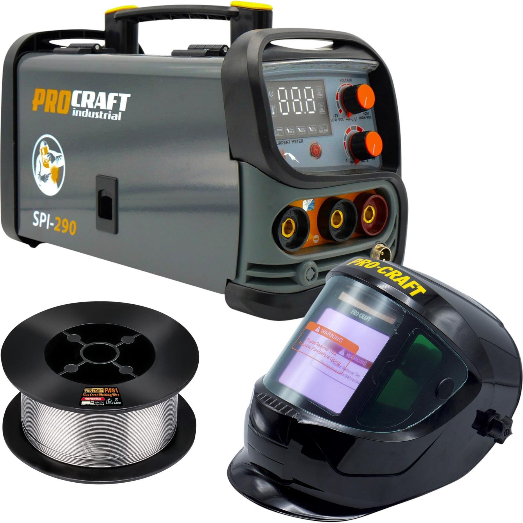 Procraft, Saldatrice, SPI-290 Kombi Inverter Schweissgerät 3,8 kW Co Flux MMA TIG Lift + Fülldraht + Schweisshelm