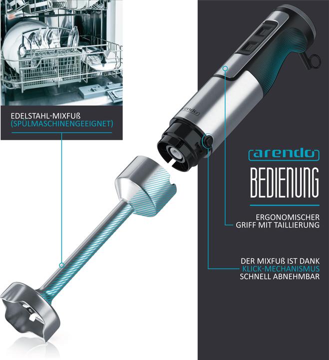 Produktbild Arendo Stabmixer 1000W, Edelstahl Pürierstab, stufenlose Regelung, inkl. Messbecher, elektrischer Handmixer