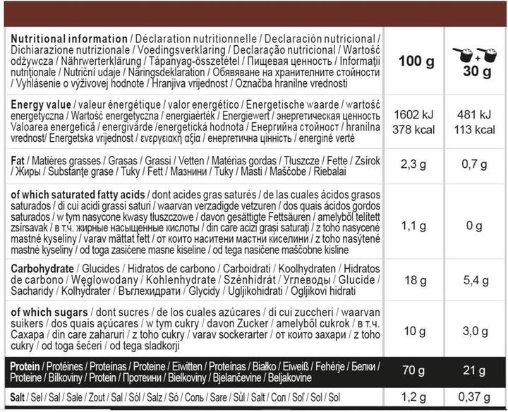 Valeurs nutritives et ingrédients Corength Protéine de lactosérum chocolat 900 g (940 g)