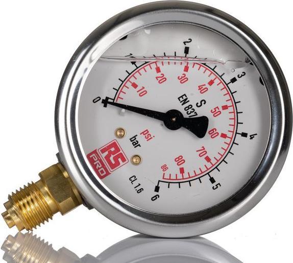 RS PRO Manometro Scala Ingresso cavo inferiore Analogico 0bar 6bar, Ø 63mm Custodia in acciaio inox G1/