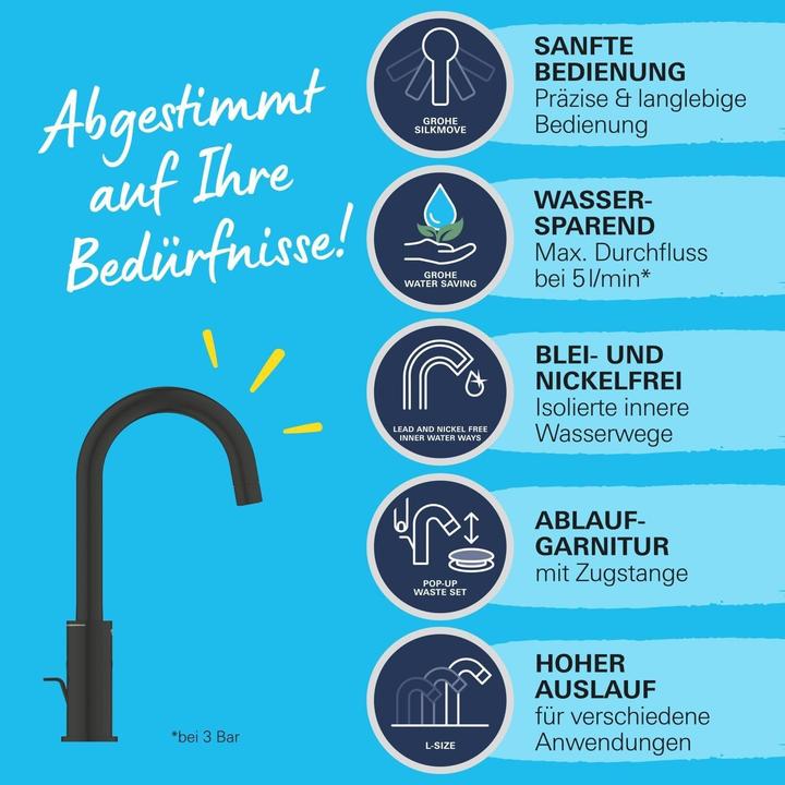 Produktbild Grohe Start QuickFix Lavaboarmatur L-Size, Zugstange, inkl. 3-in-1 Tool, wassersparend, mattschwarz