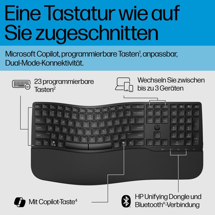 Actual product image HP 685 Comfort Dual-Mode Keyboard, Full-size (100%), Wireless, RF Wireless + Bluetooth, Membrane, Bl (DE, Wireless)