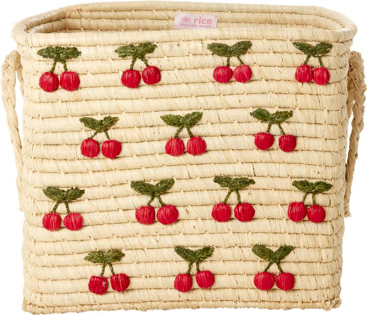 Rice - Raffia Square Basket with Small Cherries Embroidery - Red - 30 cm x 30 cm x 25 cm