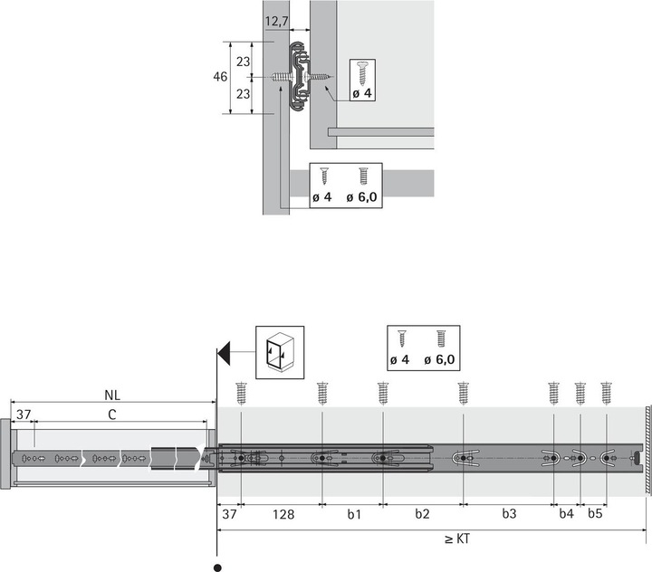 Produktbild Hettich Kugelauszug KA 5632 Stahl verzinkt Nennlänge 600 mm 45 kg