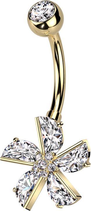 Produktbild Star Piercing Banane vergoldet mit Kugel Kristall silber und Blume Kristalle silber (Messing, Chirurgenstahl 316L)