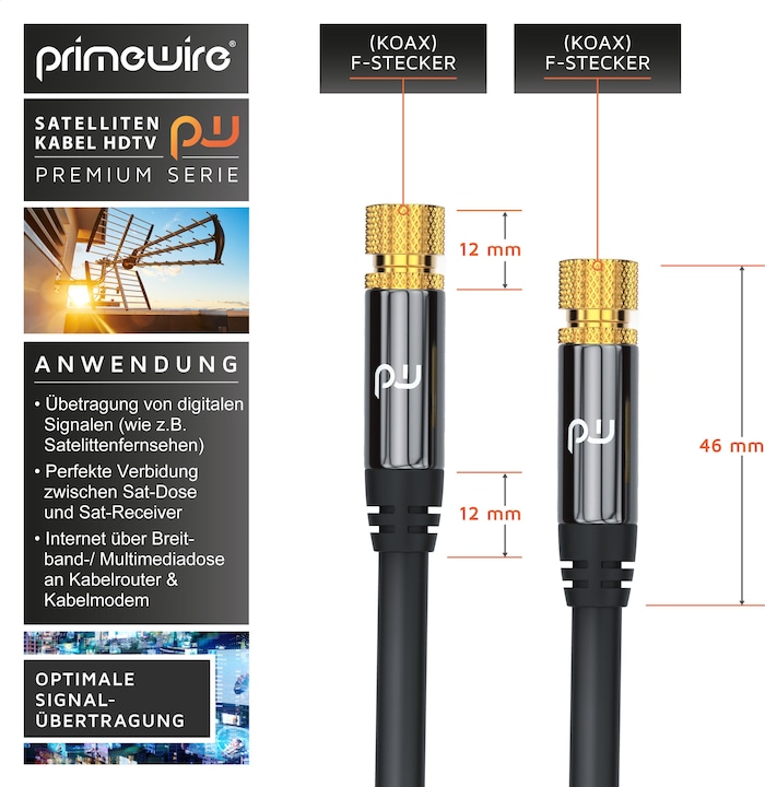 Produktbild Primewire SAT Kabel HDTV - Premium SAT Koaxialkabel - TV HDTV Radio DVB-T DVB-C DVB-S DVB-S2, 4 Fach Schirmung (135 dB, SAT Kabel)