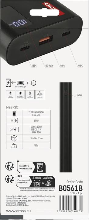 Actual product image Emos NTBF30 powerbank, 27,000 mAh, 100 W PD, black (27000 mAh, 100 W, 99.90 Wh)