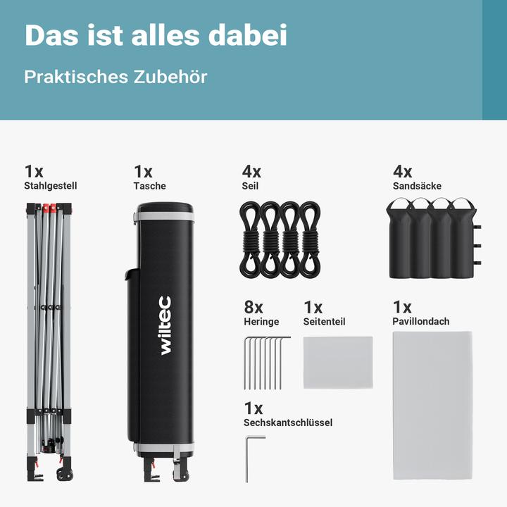 Actual product image Wiltec Pop up Pavillon 3x3m weiss Seitenteil Räder Gartenpavillon Faltpavillon (300 cm, 300 cm)
