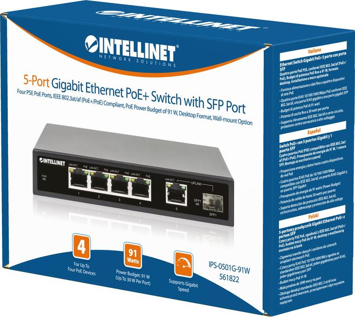 Actual product image Intellinet 5-port Gigabit PoE+ Switch 1SFP91W (5 ports)