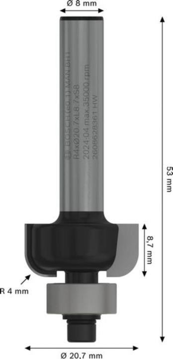 Produktbild Bosch Professional Zubehör Hohlkehlenfräser, 8 mm, R1 4 mm, D 20,7 mm, L 9 mm, G 53 mm