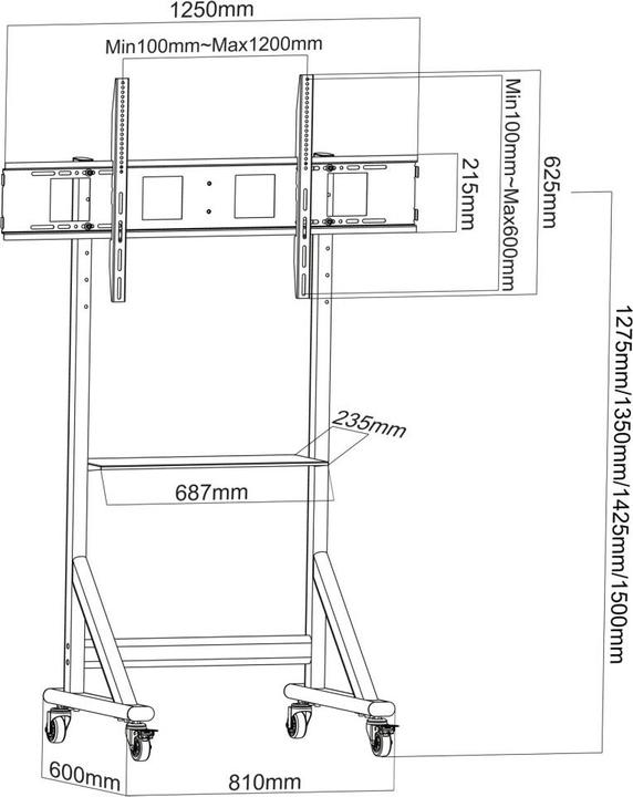 Produktbild Techly EFB TV Wagen fur LCD/LED TV 139,7cm 55Zoll - 254cm 100Zoll einstellbare Höhe mit einer Ablage (120 kg, 55" - 100")