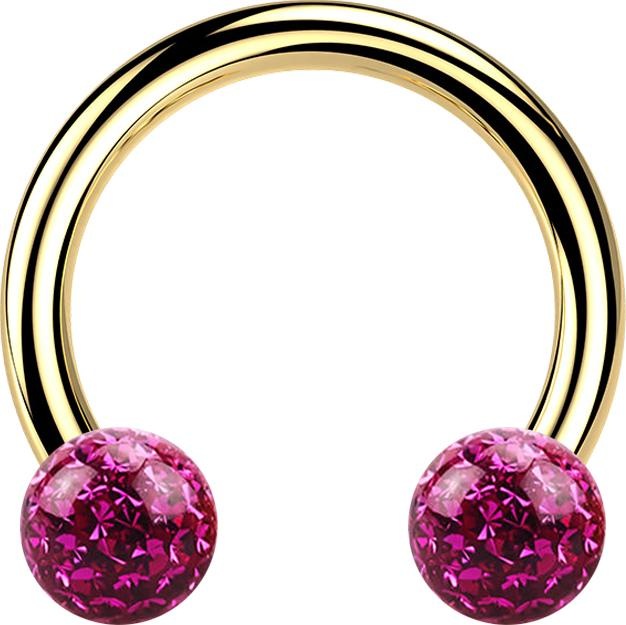 Actual product image Star Piercing Micro Circular Barbell gold-plated with two crystal balls fuchsia epoxy protective layer (Titanium G23, without brass)