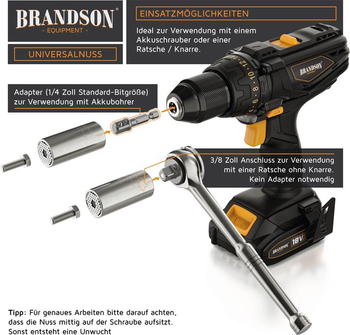 Produktbild Brandson Steckschlüssel, Universal Schlüssel, Multifunktions Nuss Bit Adapter, Universalnuss 7-19mm + Adapter (1/2")