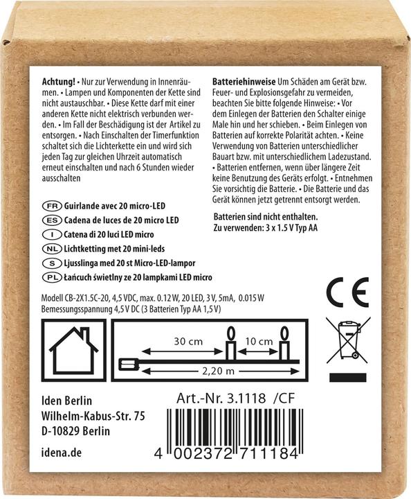 Produktbild Idena Micro Lichterkette 20 LED, warmweiss,6h-Timer (2.20 m)