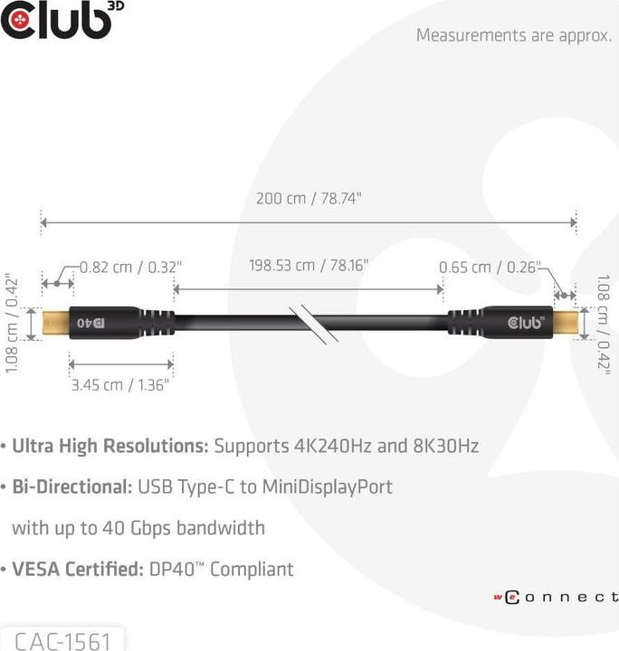 Produktbild Club 3D Club3D Kabel USB Typ C <> MiniDisplayPort DP40 2m St/St retail (2 m)