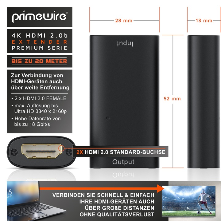 Produktbild Primewire 4K HDMI 2.0b Extender aktiver Verstärker, HDMI 2.0 Repeater Signalverstärker, bis zu 20m Entfernung