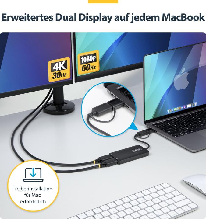Actual product image StarTech com USB to Dual HDMI Adapter, USB A/C to 2x HDMI Displays (1x 4K30Hz, 1x 1080p), Integrated (USB-C, USB-A, 10 cm)