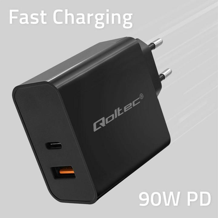 Image du produit Qoltec Ładowarka Super Quick PD | 90W | 5-20V | 2.4-4.35A | 1xUSB type C | 1xUSB A | Czarna (90 W, 2 ports)