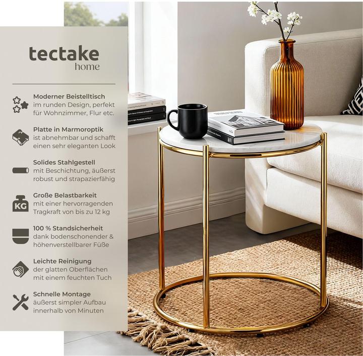Image du produit tectake Table d'appoint Ellsa, plateau en marbre, structure en acier